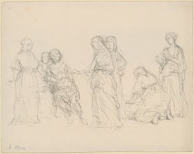 Composition sketch with six women in front of a seated man, chalk in black and brown, sheet: 18.1 x