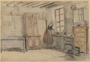 Kitchen with maid, chalk in black, watercolor, mounted, leaf: 19.9 x 29.4 cm, not marked, Benjamin