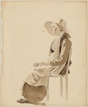 Seated woman with wide-brimmed hat to the left, pencil, washed in brown, leaf: 22.9 x 18.9 cm,