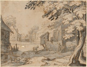 Village landscape with brook and gothic chapel, around 1622, pen in brown, gray wash, above sketch
