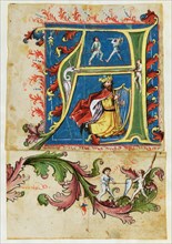 Initial A with the harp playing King David and Wilden people, Fragment of a leaf tendril with duel