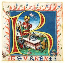 Initial R with the Resurrection of Christ, mid-15th century, cover color on parchment, spread over