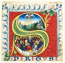 Initial S with the Pentecost, mid 15th c., Cover color on parchment, Spread over paper, sheet: 10.7