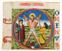Initial D with the crucifixion of St. Andrew, mid 15th c., Cover color on parchment, verso: Latin
