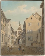 View from the Blumenrain to the St. Johanns Schwibbogen in Basel, pen in gray, brown and black,