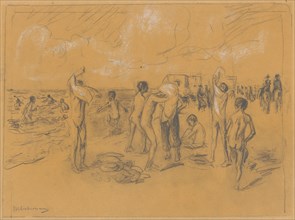 Bathers on the beach, 1904/1906, pencil, heightened in white, on yellowish paper, Rectangle border
