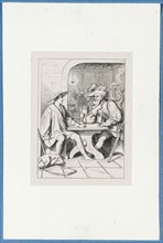 Holbein meets a countryman in the tavern, around 1857, pen lithograph, mounted on base paper,