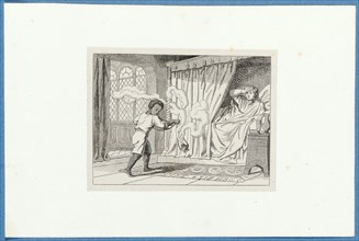 Holbein wakes up in the house of Thomas More, around 1857, pen lithograph, mounted on base paper,
