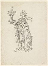 Antiquated robed girl with large trophy, to the left (Fortuna), 1st half of the 16th century, Black