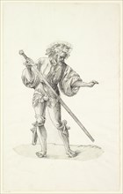 Executioner's servant in moving front view, drawing the long sword, 1st half of the 16th century,