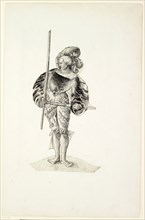 Warrior with beret, lance and sword, 1st half of the 16th century, feather in black, silhouetted,