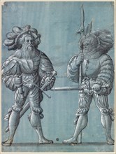 Two standing warriors, feather and brush in black and gray, heightened in white, cut out along the