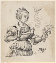 Young girl to the right with a bouquet of lilies of the valley in hand, 1550, feather in black,