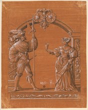 Sliced paper with woman handing the welcome drink to a lansquenet, 1543, pen in black, gray washed,