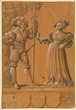 Broken glass with a woman handing the welcome drink to a lansquen with a lance, 1549, pen in black,