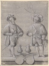 Slice crack with two rice runners, including two empty escutcheons, 1540, pen in black and white,