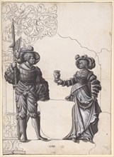Broken glass with a woman handing the welcome drink to a halberdier and blank blazon, 1540, feather