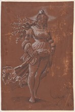 Standing Girl with Halo and Skirt, 1st Half of the 16th Century, Feather in Black, Brush and Pen in