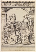 Broken glass with woman as shield accompanist and bear coat of arms, 1530, pen in black, gray wash,