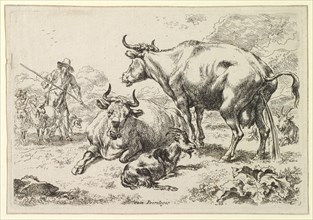A Lying and a Pissing Cow, 1679-1680, etching, sheet: 12.2 x 17.8 cm |, Plate: 11.5 x 17.2 cm, Not