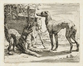 Three dogs in front of a fence, etching, sheet: 14.2 x 17 cm |, Plate: 11.5 x 14.7 cm, in the plate