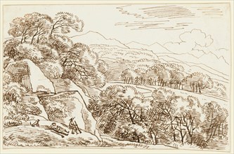 Landscape study, two lying hikers with dog front left, feather (sepia), leaf: 11.1 x 17.1 cm, Franz