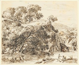 Woody landscape by the river, two figures on the shore in front right, feather (sepia), foliage: 14