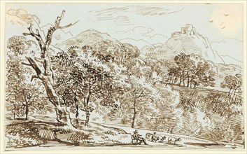 Landscape study, a shepherd with sheep in the foreground, feather (sepia), leaf: 11.3 x 18.5 cm,