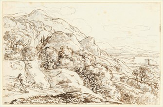 Landscape study, a shepherd with his flock in front left, feather (sepia) over pencil, leaf: 11 x