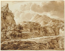 Two figures in a rocky landscape with castle ruins, brush (sepia) and feather (greyish-black) over