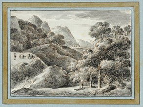 Woody landscape with castle in the background and dormant hiker in front, brush (gray and