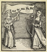Song hour, 1501, woodcut, sheet: 10.3 x 9.4 cm, inscribed in banner: ut te mi fa sol la, Meister DS