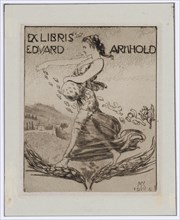 Ex Libris Eduard Arnhold, 1906, etching on thin China paper, mounted on dark gray cardboard, sheet:
