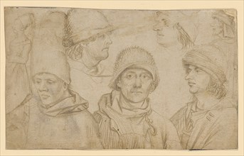Sketchbook sheet with head and figure studies, recto: five male heads or bust pictures and sketches
