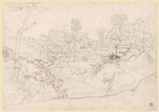 Serpentine landscape near Olevano with brick huts, c. 1821-1823, pencil and quill in brown, on wove