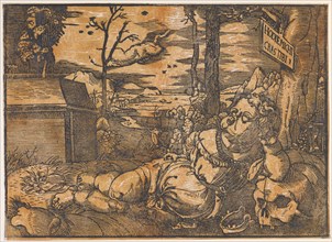 Sleeping Putto and Death (Vanitas Allegory), chiaroscuro woodcut of two panels (black and red