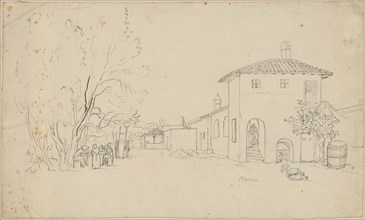 Italian homestead with shy and chopping people under the trees, pencil and pen, mounted on backing