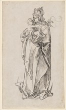 Mary with Child, standing on the crescent moon, feather in black, Journal: 28.3 x 16.6 cm,