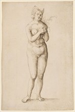 Naked woman with fantastic headdress and folded hands, feather in brown, leaf: 31.1 x 21.1 cm, not