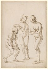 Two naked women, garlanding a man, feather in brown, leaf: 31 x 21.1 cm, unsigned, Anonym,