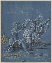Leda with the swan, pen in black, white and yellow heightened, on steel blue primed paper, sheet: