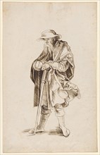 Standing bearded bearer in pilgrim's clothing, 1st half of the 16th century, feather in brown,