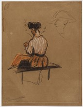 Woman sitting on a bench, 1864/65, colored and chalk in black, pen and ink on brown paper, mounted