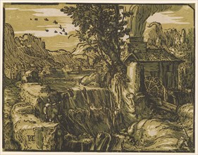 Landscape with waterfall, c. 1597/1600 (print probably 1617/20), chiaroscuro woodcut of three