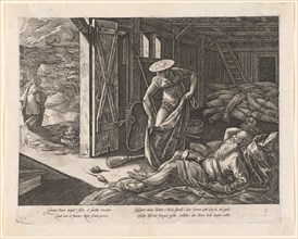 Ruth and Boas in the barn, 1580, copperplate, plate: 22 x 28 cm |, Sheet: 24.7 x 30.7 cm, L.M. on