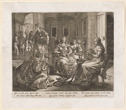 Lucretia with her women spinning, 1578/79, copperplate, plate: 21.1 x 25.1 cm |, Leaf: 26.4 x 30.3