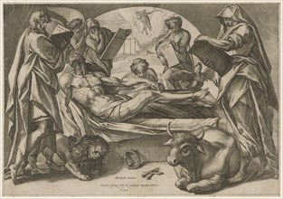 The Corpse of Christ and the Four Evangelists, 1583, copperplate, sheet: 31 x 44.7 cm, U. M.