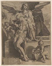 The Corpse Christi, supported by angels, 1587, copperplate engraving, sheet: 33.5 x 26.4 cm, dated
