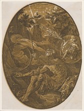 Demogorgon in the Cave of Infinity, 1588/90 (probably print 1617/20), chiaroscuro woodcut of three
