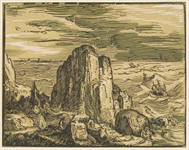 Rock cliff at the seashore, around 1597/1600 (probably print 1617/20), chiaroscuro woodcut of three